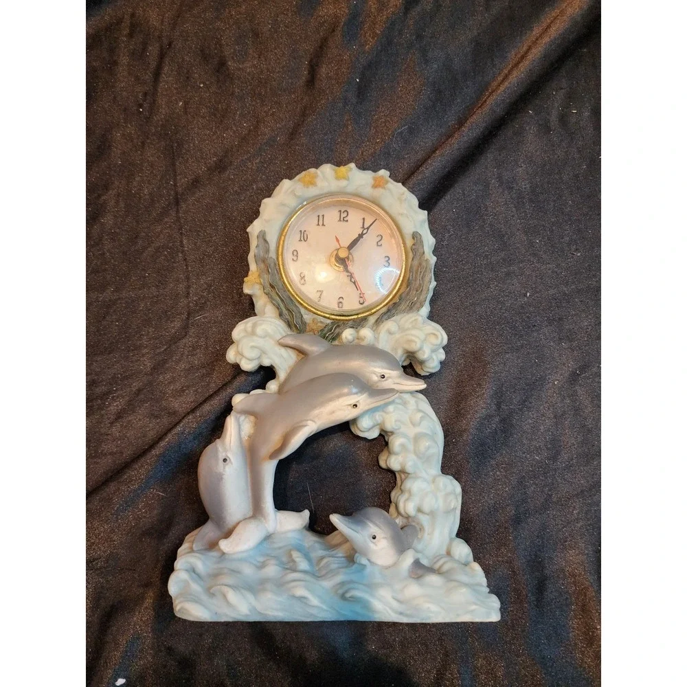 Vintage Dolphin Nautical Resin Desk Clock Ocean Waves Beach Coastal Decor Blue